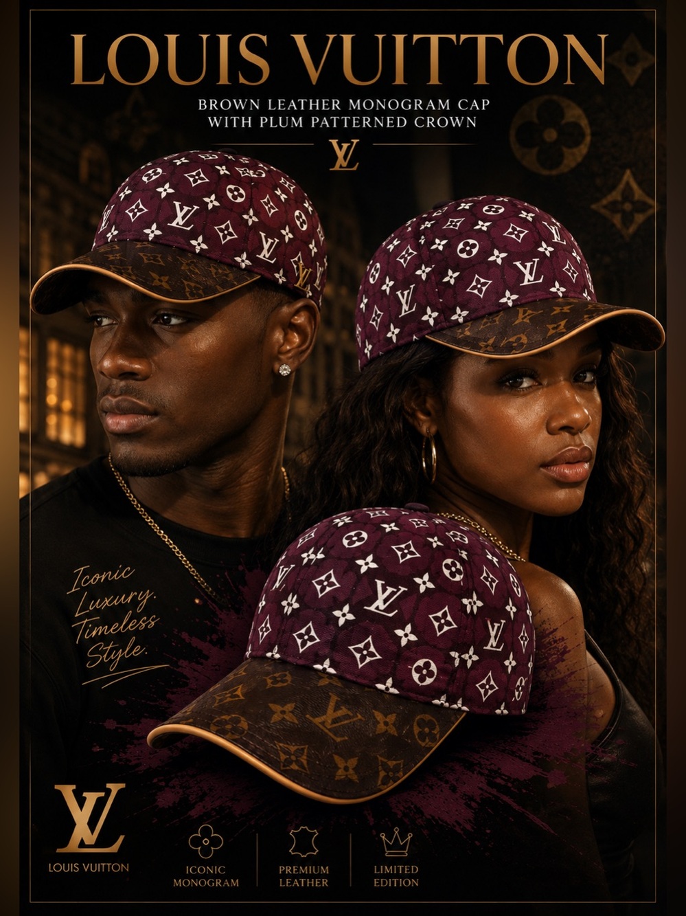 New!🔥Louis Vuitton Brown Leather Monogram Cap with Plum Patterned Crown!🔥